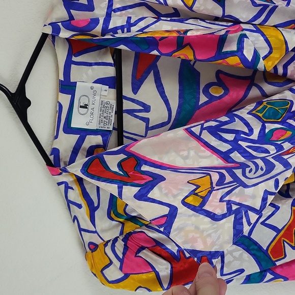 Vtg Ultimate 80s Flora Kung Silk Wrap New Wave Abstract Top - Picture 3 of 12